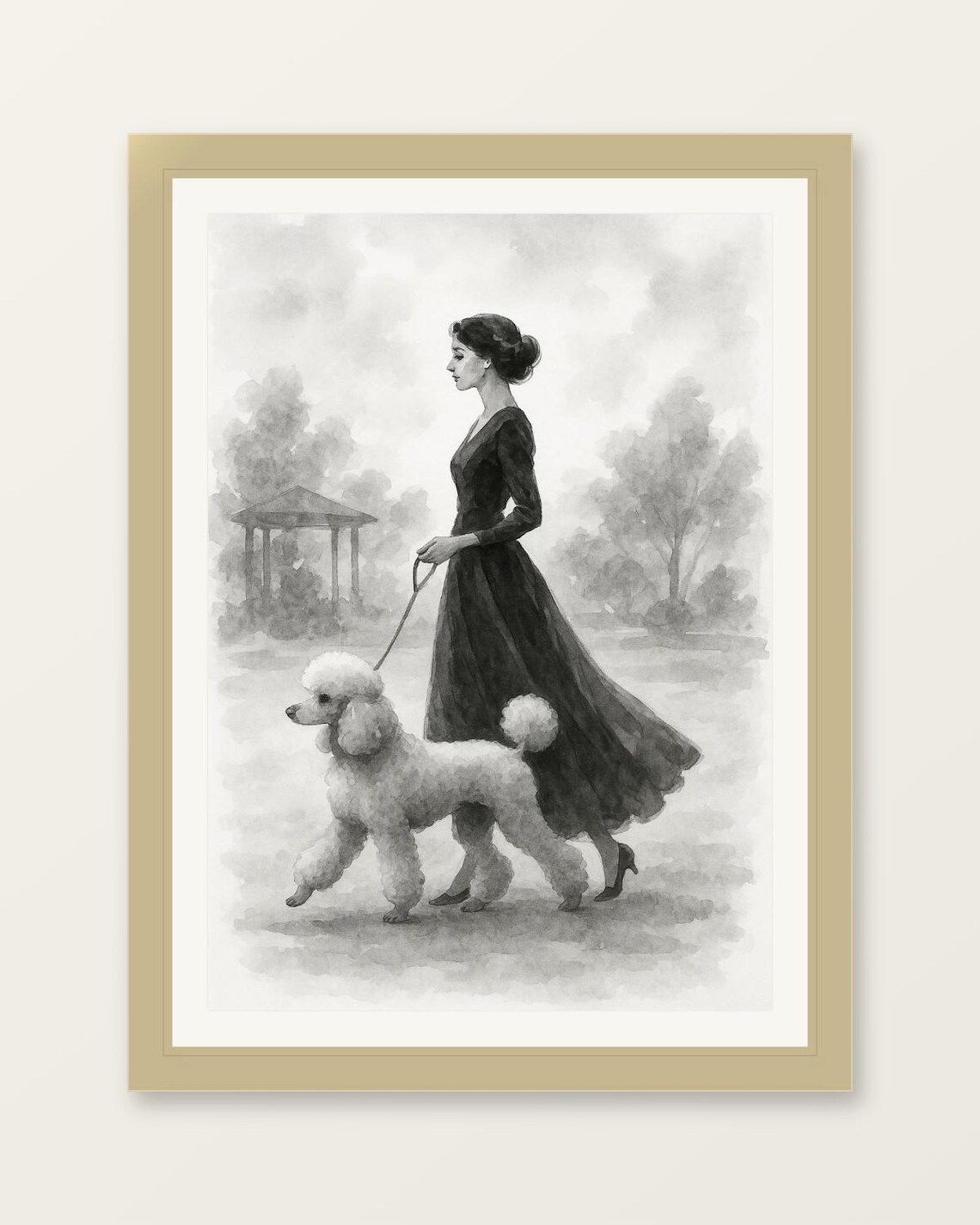 Elegant Woman Walking White Poodle Watercolor Monochrome Poster