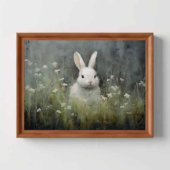 White Rabbit Painting Serene Wildlife Art Animal Wall Whimsical Decor Vintage Antique Oil