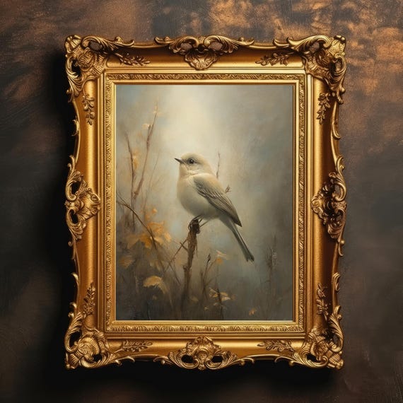 Soft Bird Painting Vintage Wildlife Wall Art Autumn Fall Decor Moody Antique Oil