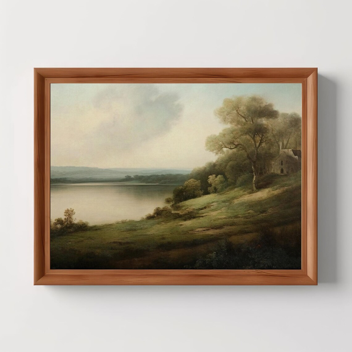 Serene Lakeside House Beneath Soft Morning Light Vintage Poster