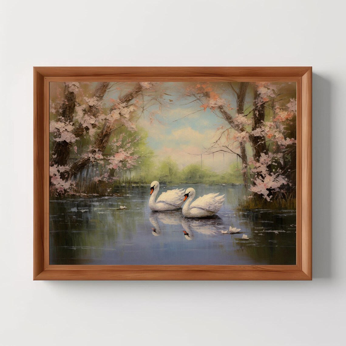 Two White Swans On Blossom Pond Romantic Spring Oil Painting Poster