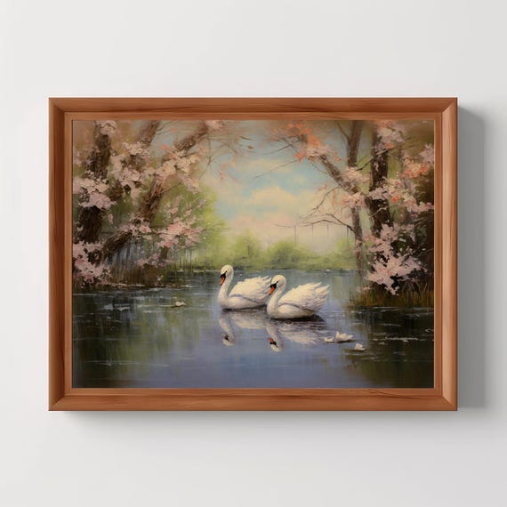 Spring Serenade Valentines Day Print Swan Couple Pond Landscape Vintage Oil Painting Moody Wall Art