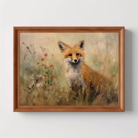 Rustic Fox Art Vintage Wildlife Painting Country Meadow Print Countryside Decor