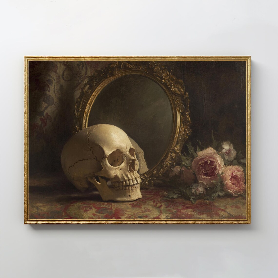 Skull Gilt Mirror Roses Vanitas Still Life Oil Painting Print