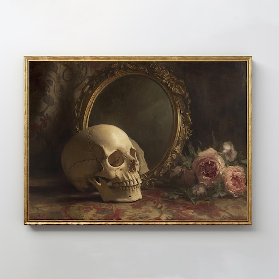 Skull Gilt Mirror Roses Vanitas Still Life Oil Painting Print