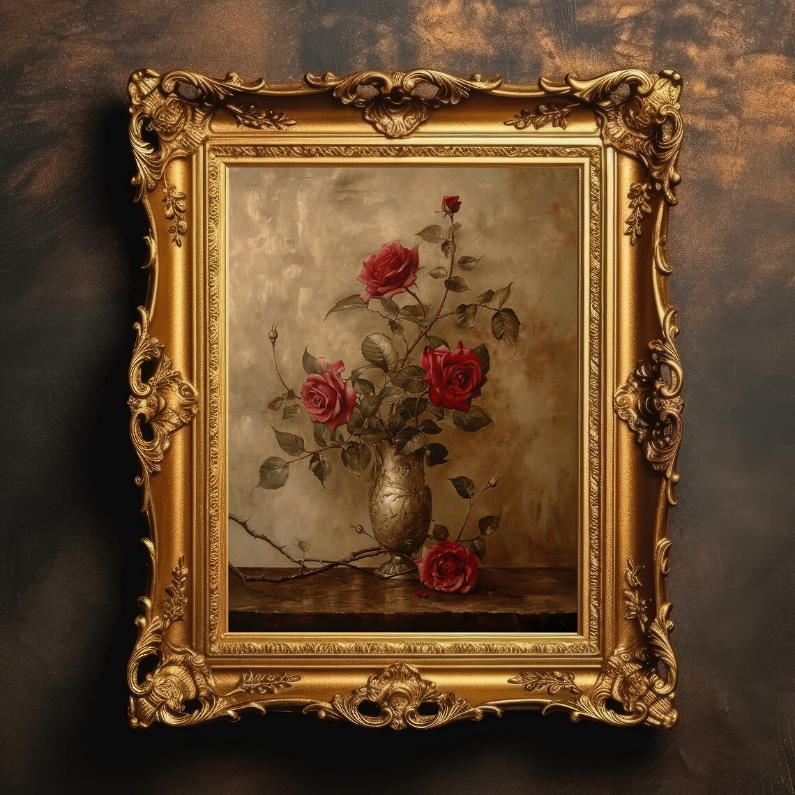 Roses Gold Bouquet Vintage Botanical Art Print