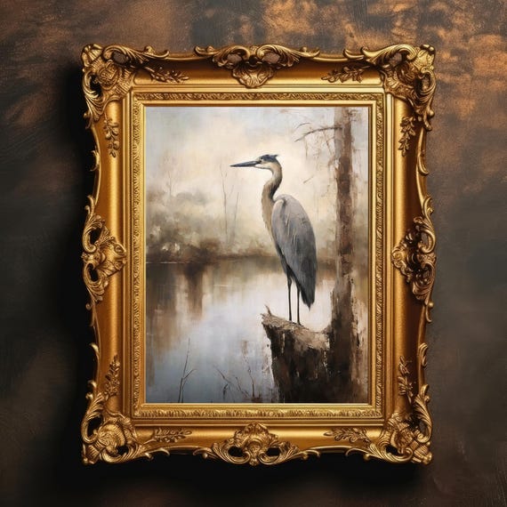 Great Blue Heron Print Moody Bird Wall Art Vintage Lake Painting Nature Scene Rustic Wildlife Decor