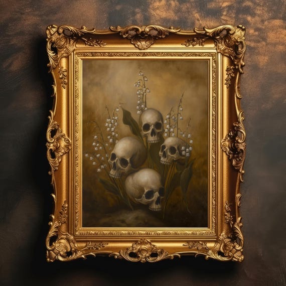 Skull Lilies Art Print Dark Botanical Still Life Gothic Oil Painting Moody Floral Wall