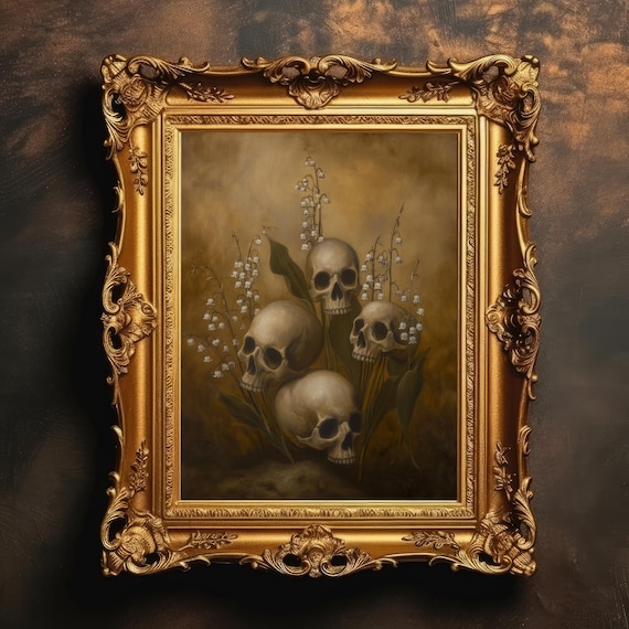 Skulls and Lily of the Valley Dark Gothic Still Life Painting Poster