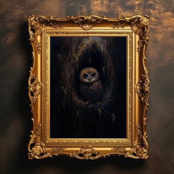 Baby Owl in Dark Tree Hollow Night Moody Ornate Gold Frame Poster