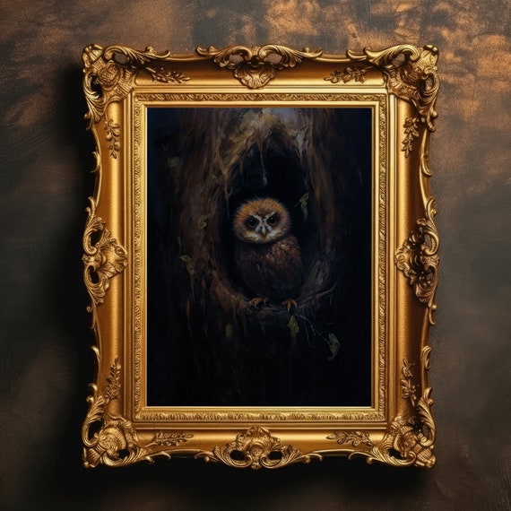 Baby Owl Tree Hollow Dark Academia Moody Wall Art Wildlife Home Decor Goth Room