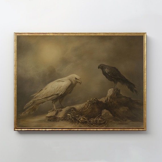 White Hawk Black Crow Perched Rocks Vintage Oil Painting Print