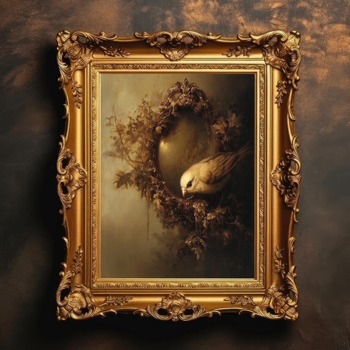 Bird with Ornate Mirror Vintage Gothic Nature Oil Painting Print