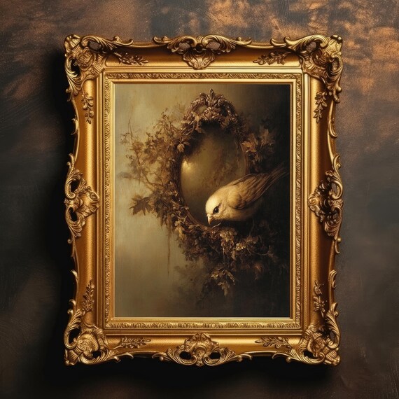 Bird with Ornate Mirror Vintage Gothic Nature Oil Painting Print