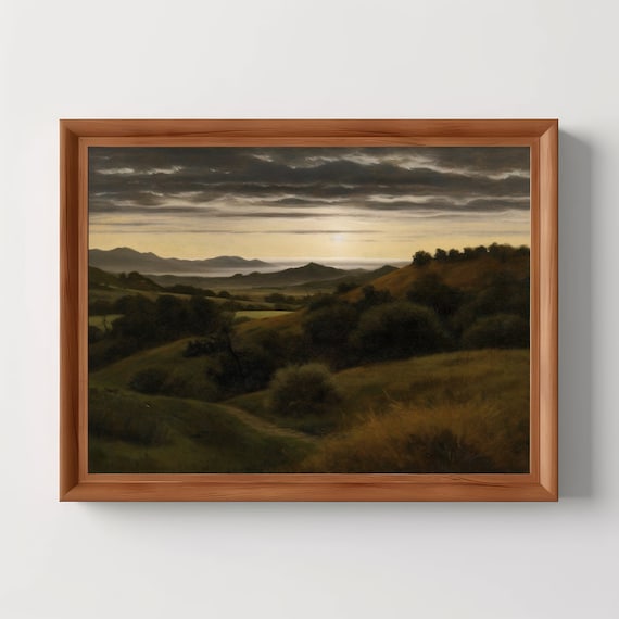 Brooding Sunset Over Dark Rolling Valley Vintage Oil Painting Print