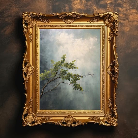 Serene Tree Painting Vintage Landscape Abstract Cloud Art Moody Wall Nursery Nature Decor