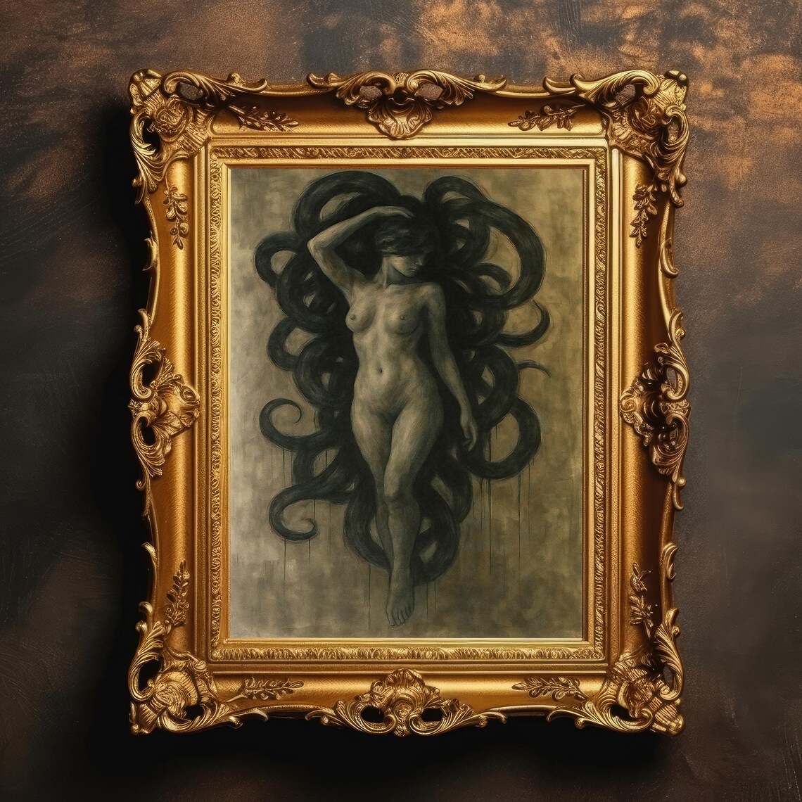 Medusa Vintage Oil Drawing, Gothic Dark Academia Art Print
