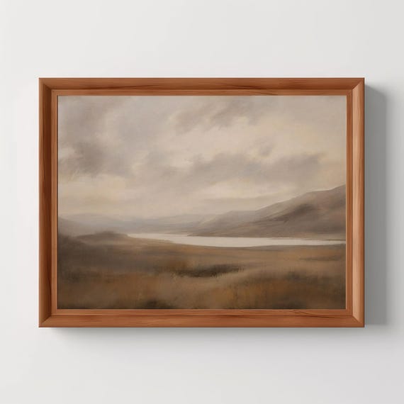 Vintage Mountain Painting Misty Highland Reservoir Art Wall Decor Muted Tonal Landscape