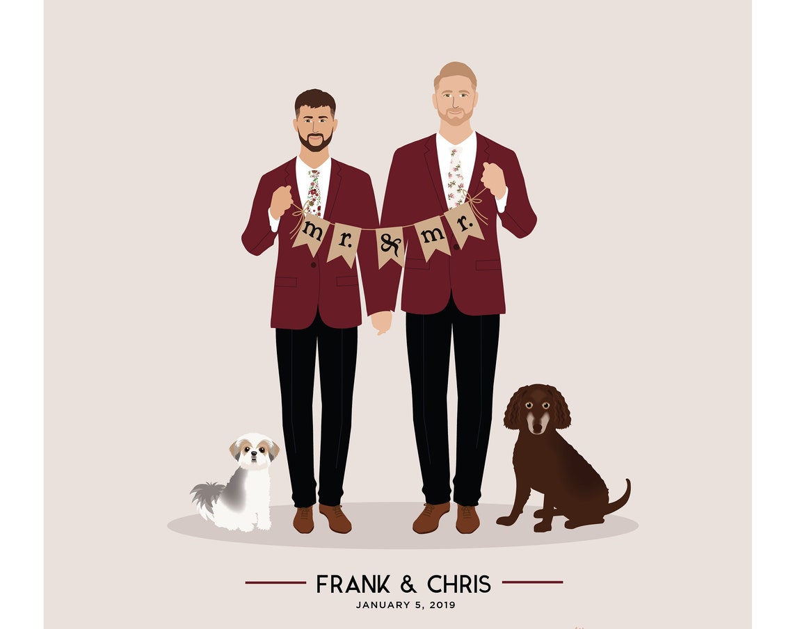 Illustrated Mr and Mr Wedding Portrait Scene With Two Dogs Poster