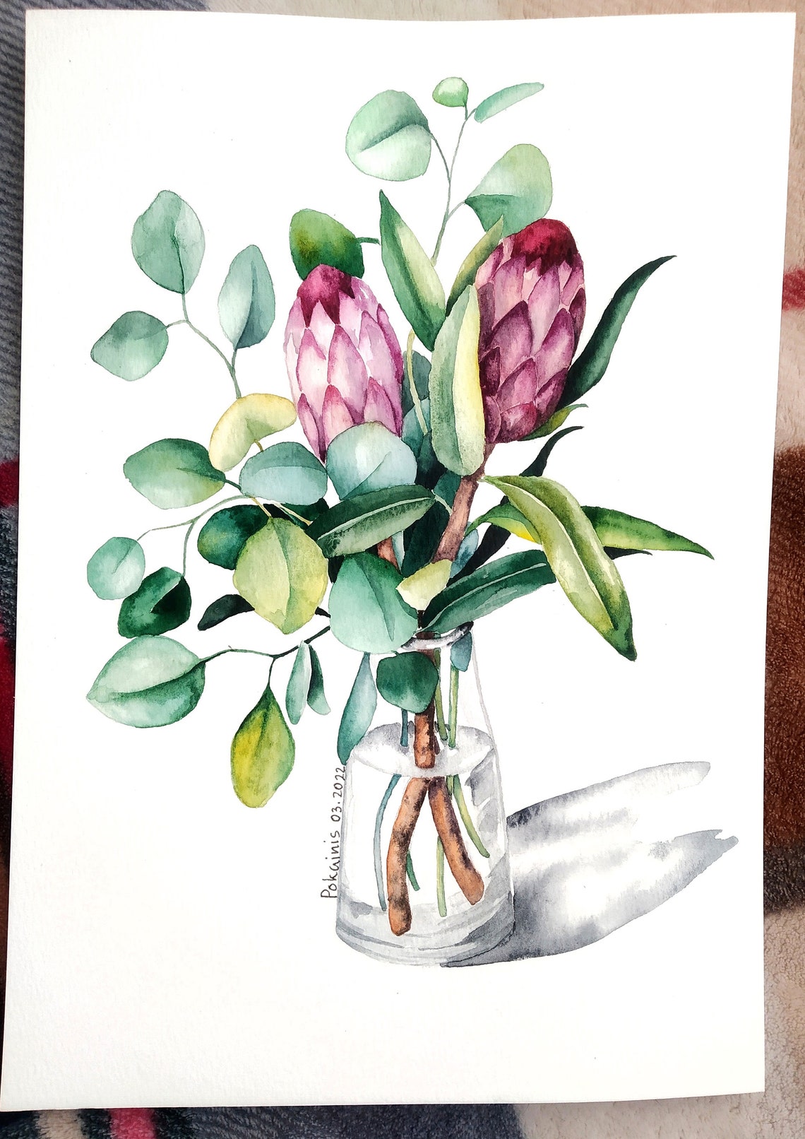 Pink Protea Watercolor Poster With Eucalyptus In A Glass Vase - Image 3