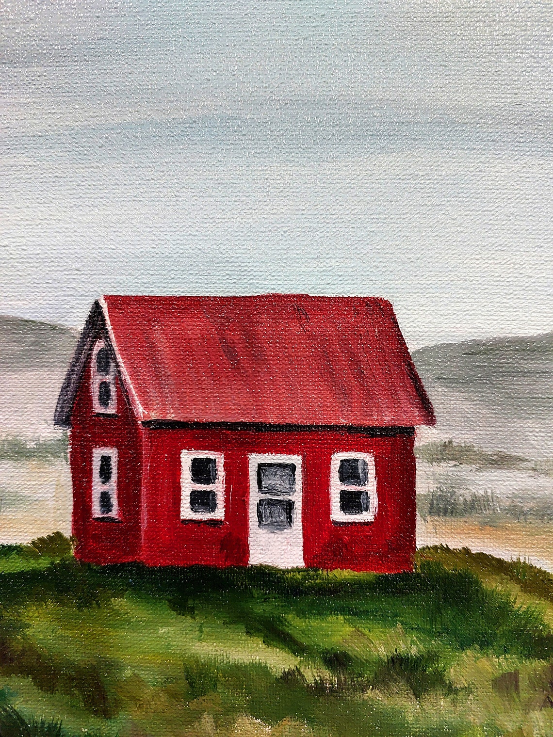 Little Red Cabin Oil Painting Poster Green Meadow Mountain View - Image 3