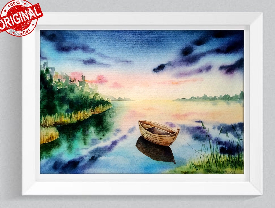 Wooden Rowboat on a Lake at Sunset Watercolor Evening Scene Poster - Image 2
