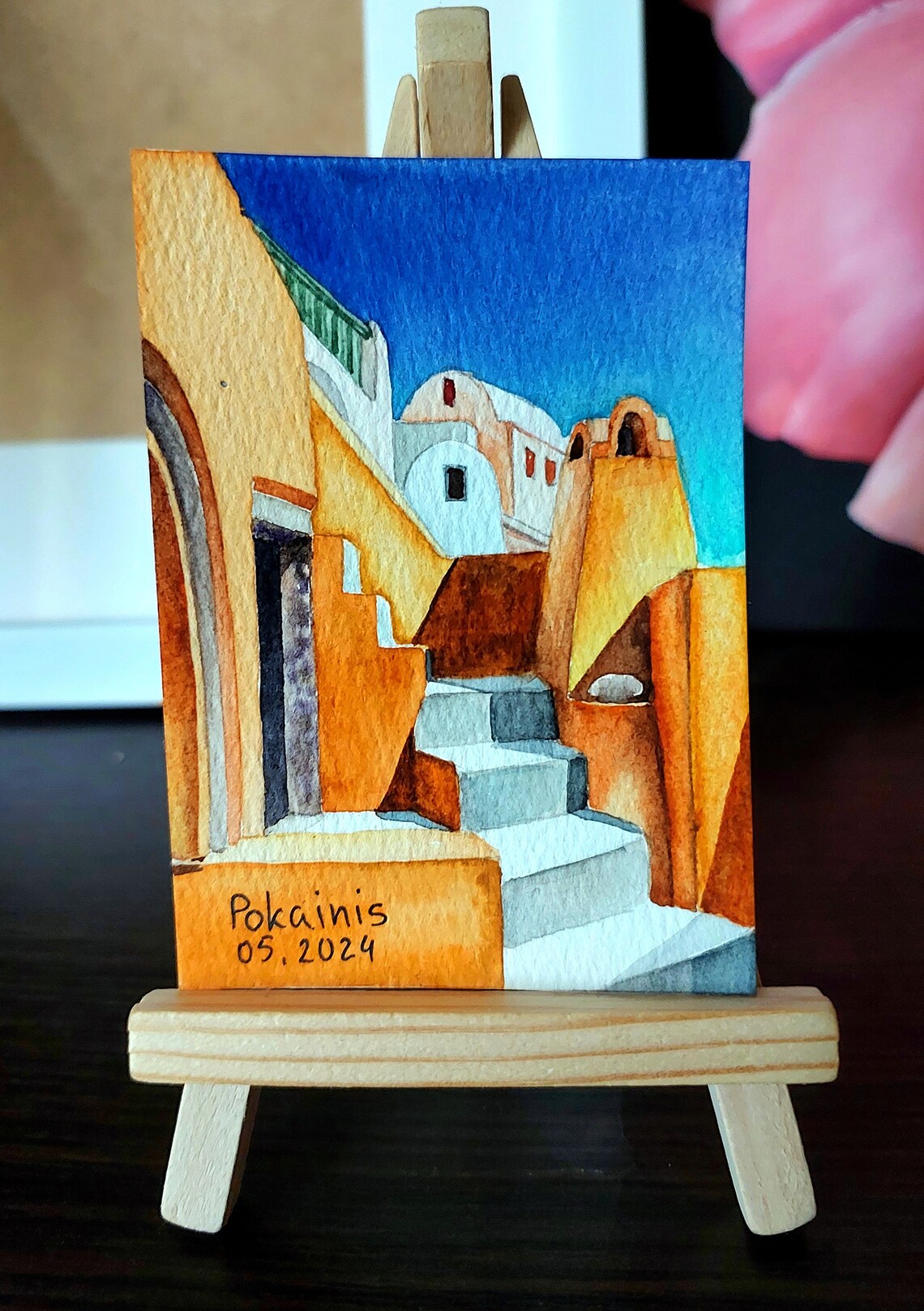 Santorini Old Town Ochre Stairs Alley ACEO Watercolor Poster