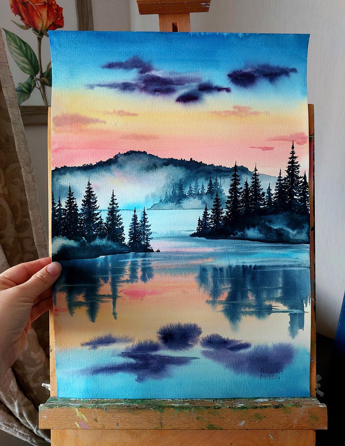 Misty Mountain Lake Sunset Pine Forest Reflection Watercolor Poster - Image 2