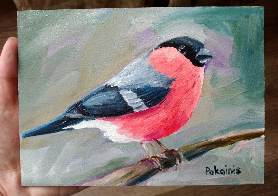 Eurasian Bullfinch on Winter Branch Original Oil Bird Poster - Image 3