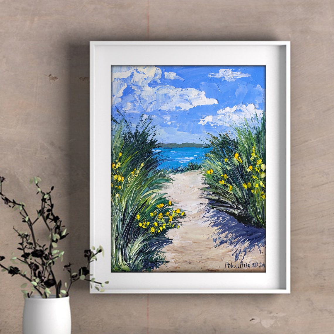 Sandy Beach Path Tall Dune Grass Yellow Flowers Impasto Poster - Image 2
