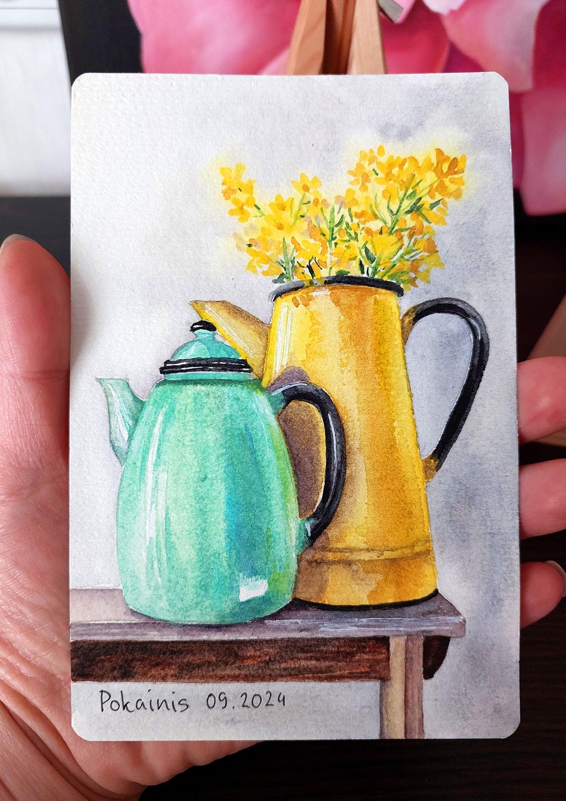 Yellow Wildflowers in Mustard Pitcher Watercolor Miniature Poster