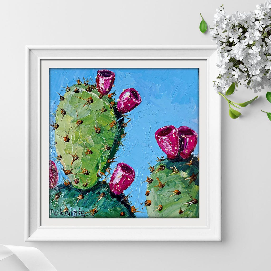 Prickly Pear Oil Painting Poster Magenta Fruit Buds Blue Sky - Image 3
