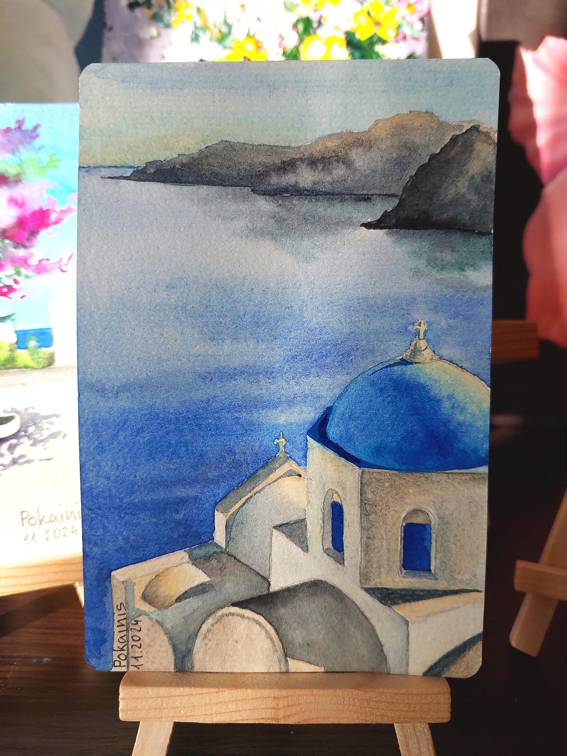 Santorini Blue Domed Church Over the Aegean Watercolor Poster - Image 3