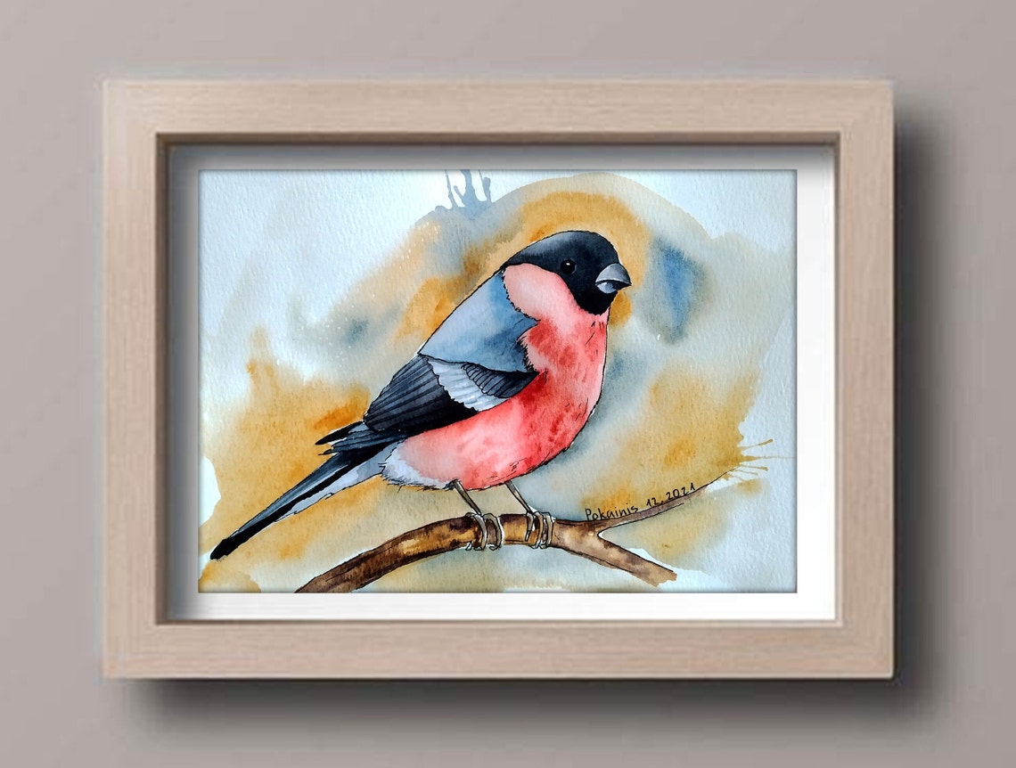 Rosy Breasted Bullfinch Branch Golden Wash Watercolor Poster - Image 2