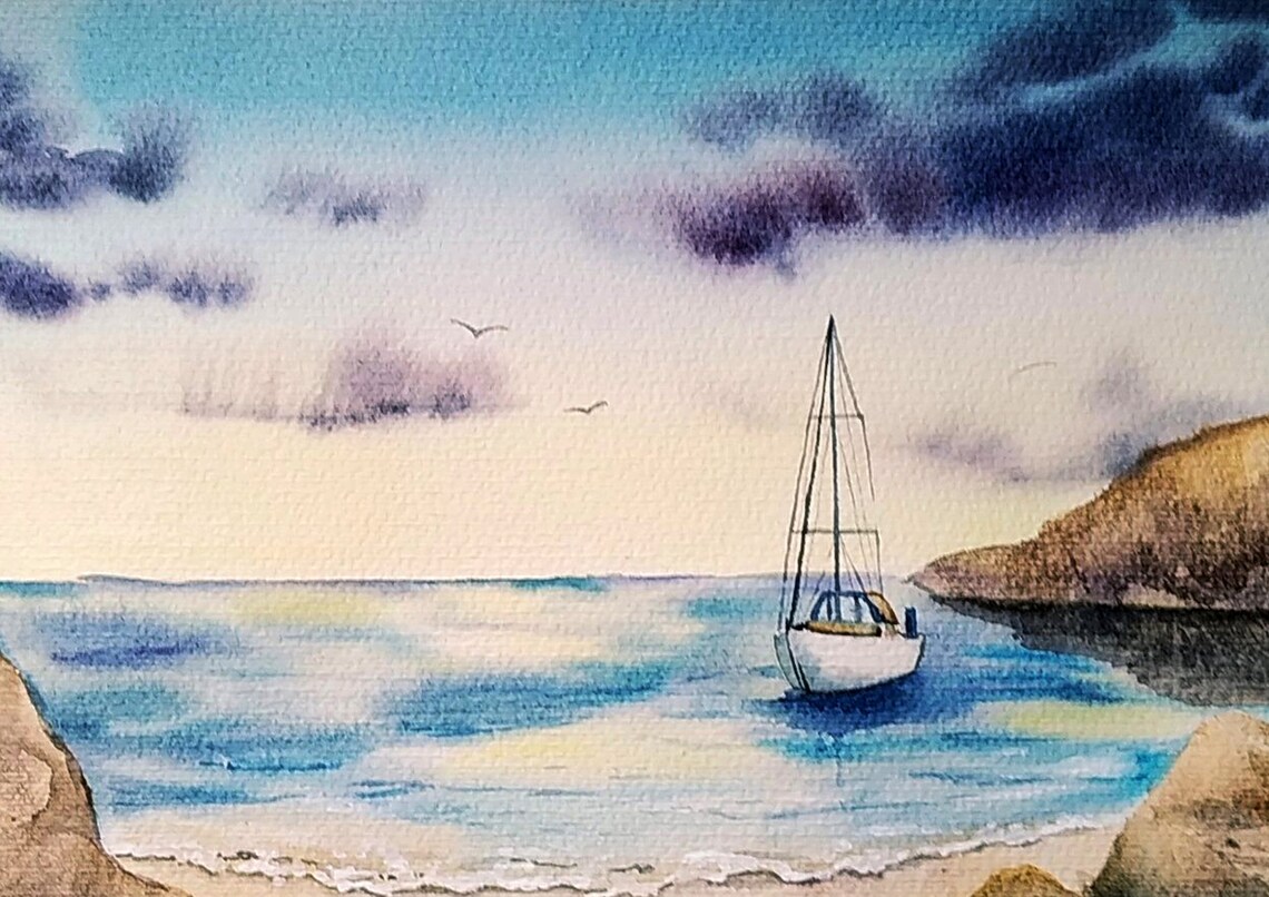 Sailboat Anchored in Rocky Cove Watercolor Tranquil Seaside Poster - Image 3
