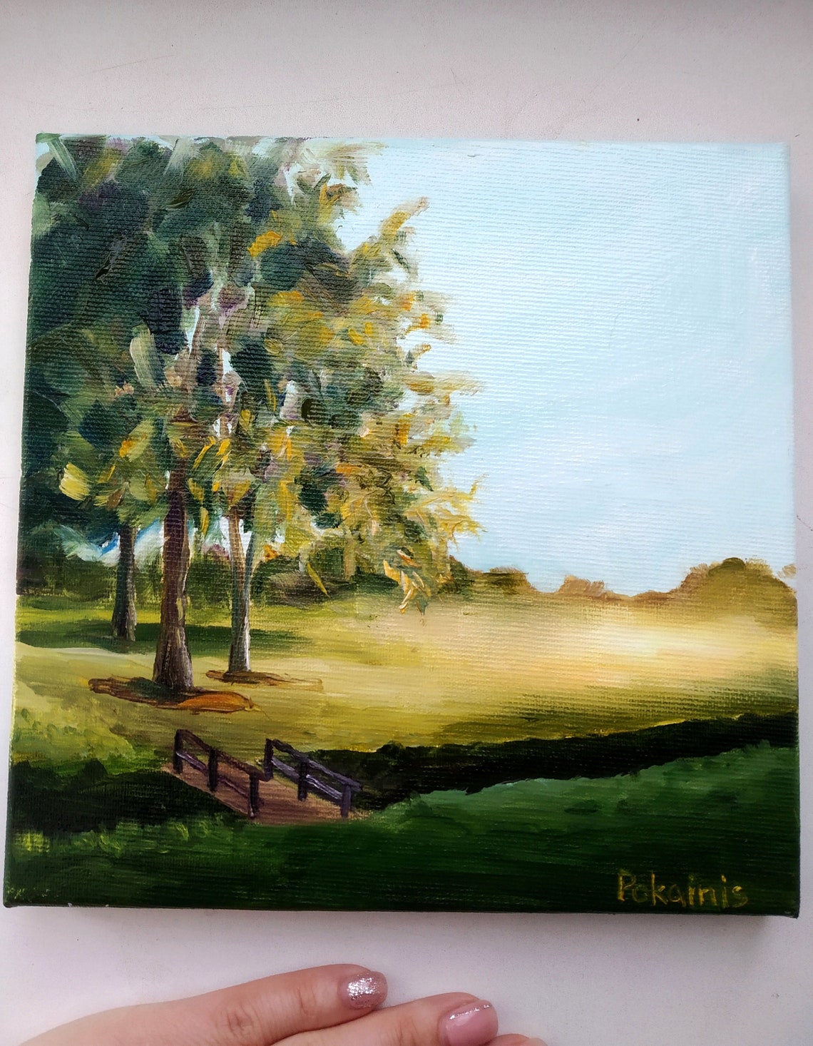 Park Footbridge Oil Painting Golden Morning Trees Scenic Poster - Image 3