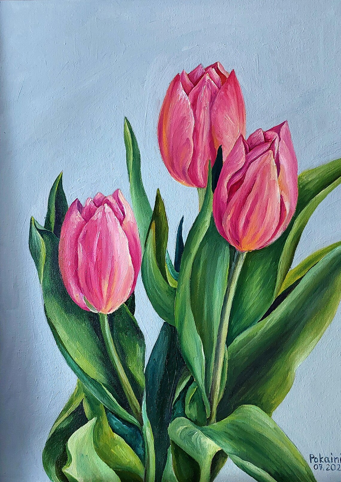 Pink Tulips Trio Oil Painting Spring Flower Botanical Poster