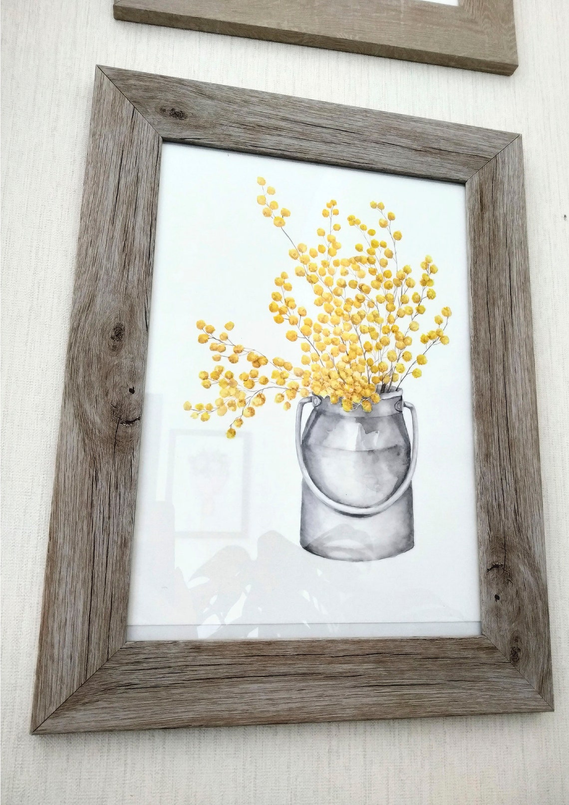 Mimosa Blossoms Overflowing Grey Milk Can Watercolor Floral Poster - Image 3