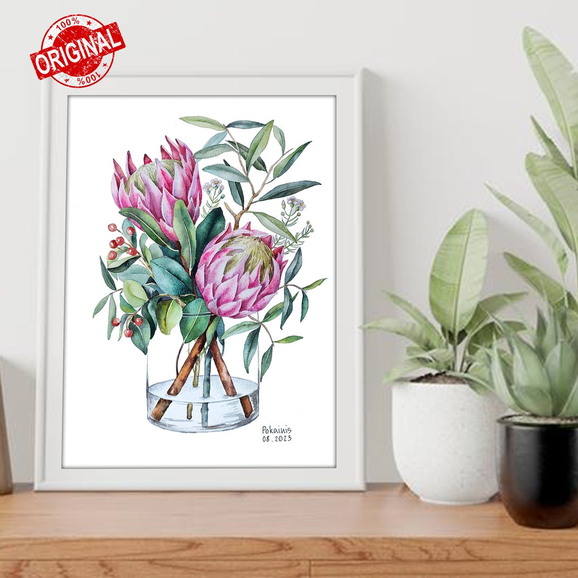 Pink Protea Flowers Arranged in Glass Vase Watercolor Wall Art - Image 4