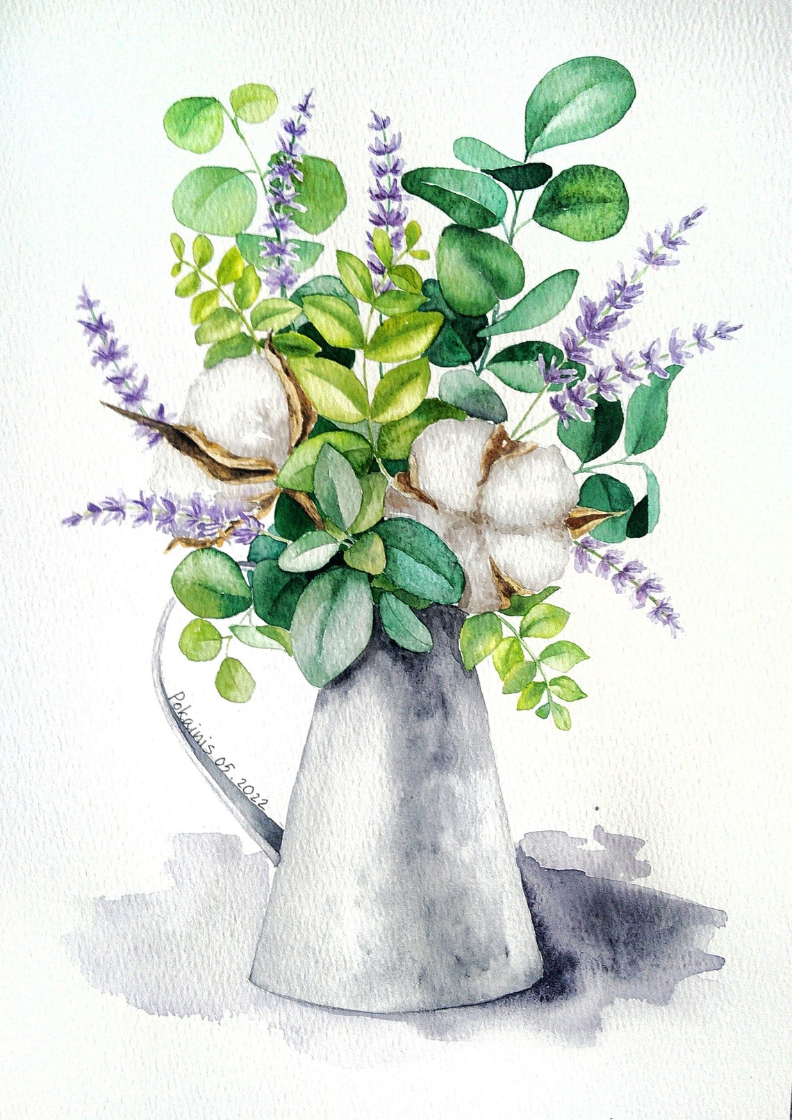 Cotton Eucalyptus Lavender in Zinc Pitcher Watercolor Poster