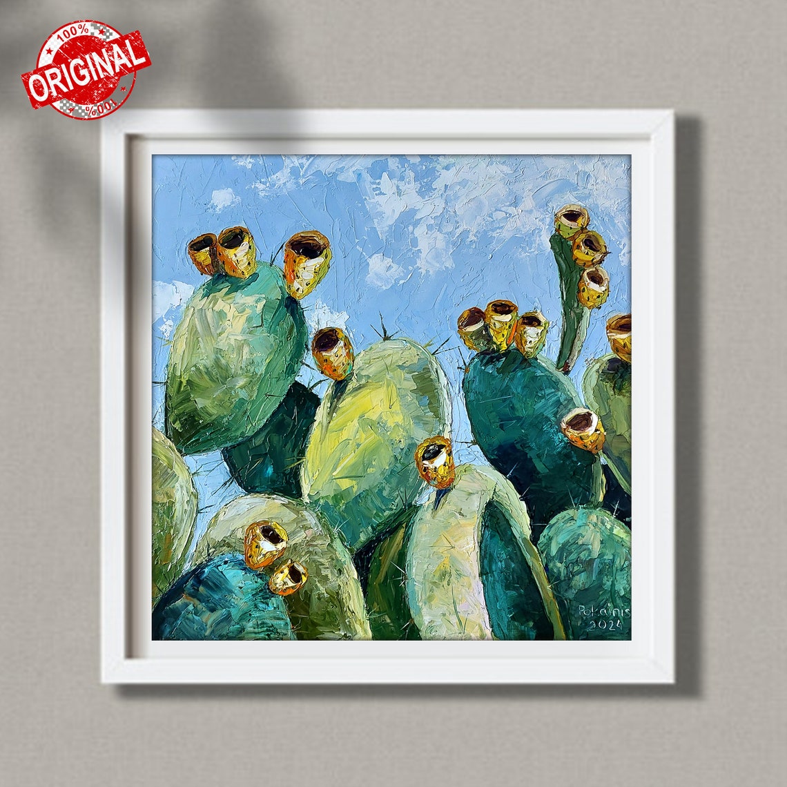 Prickly Pear Cactus Oil Painting Poster Yellow Fruit Blue Sky - Image 5