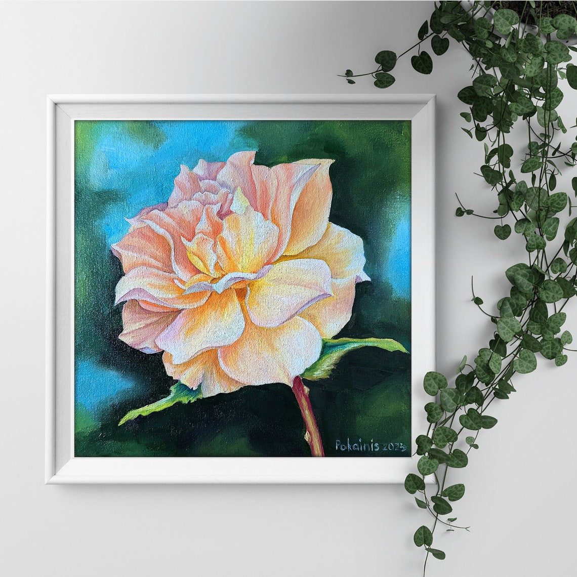 Apricot Rose Oil Painting Soft Blush Garden Flower Close Up Poster - Image 2