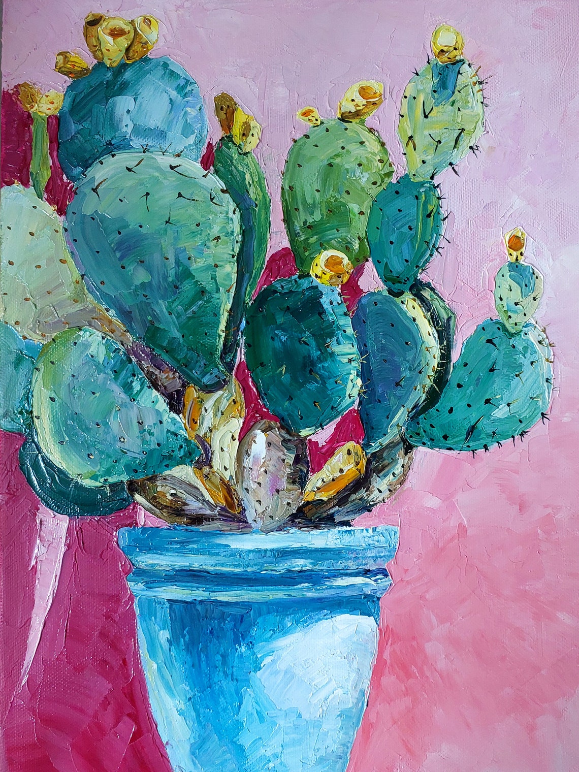 Prickly Pear Cactus Cobalt Blue Pot Vivid Pink Impasto Poster