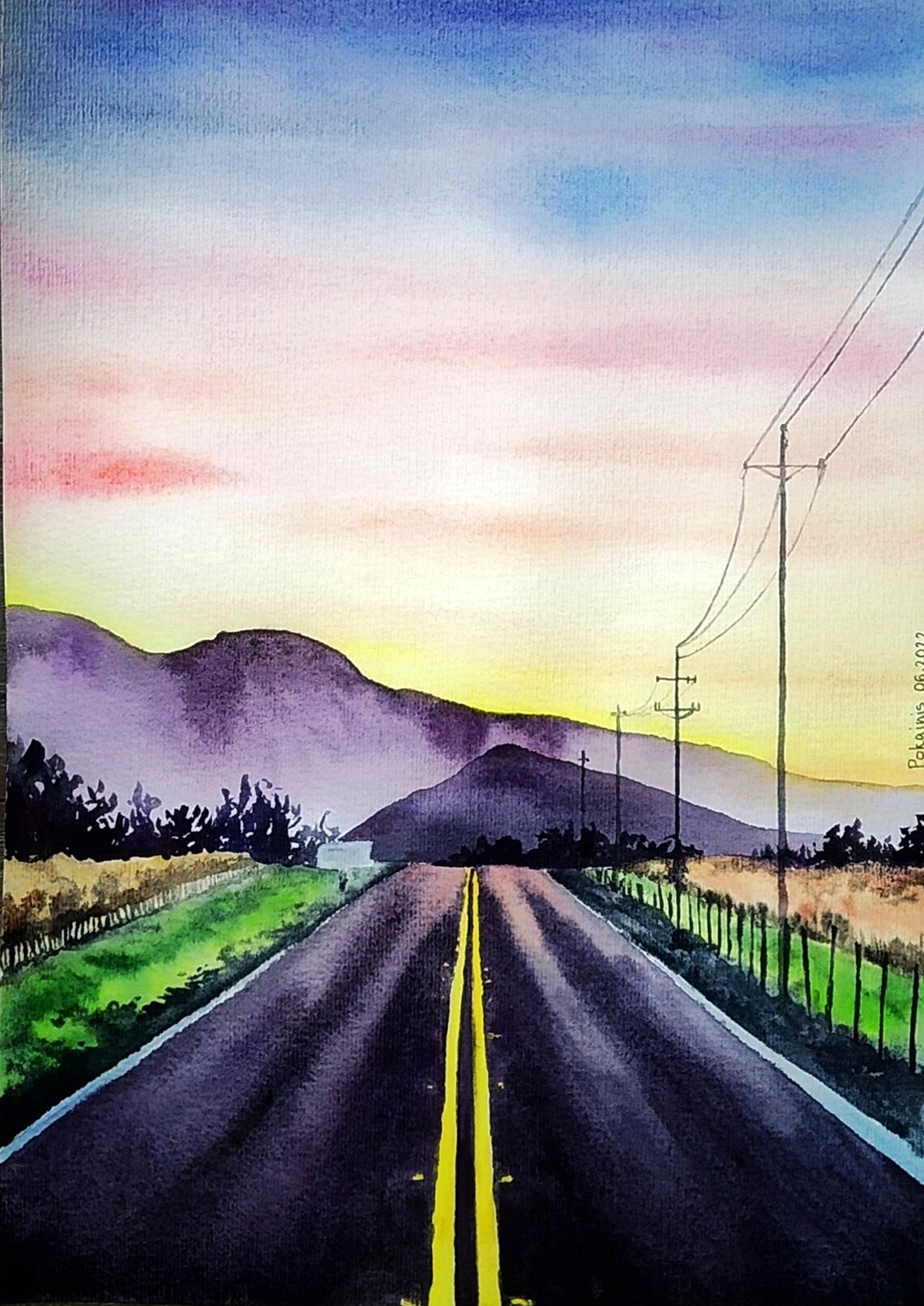 Open Road To Mountains Watercolor Poster Golden Sunset Drive
