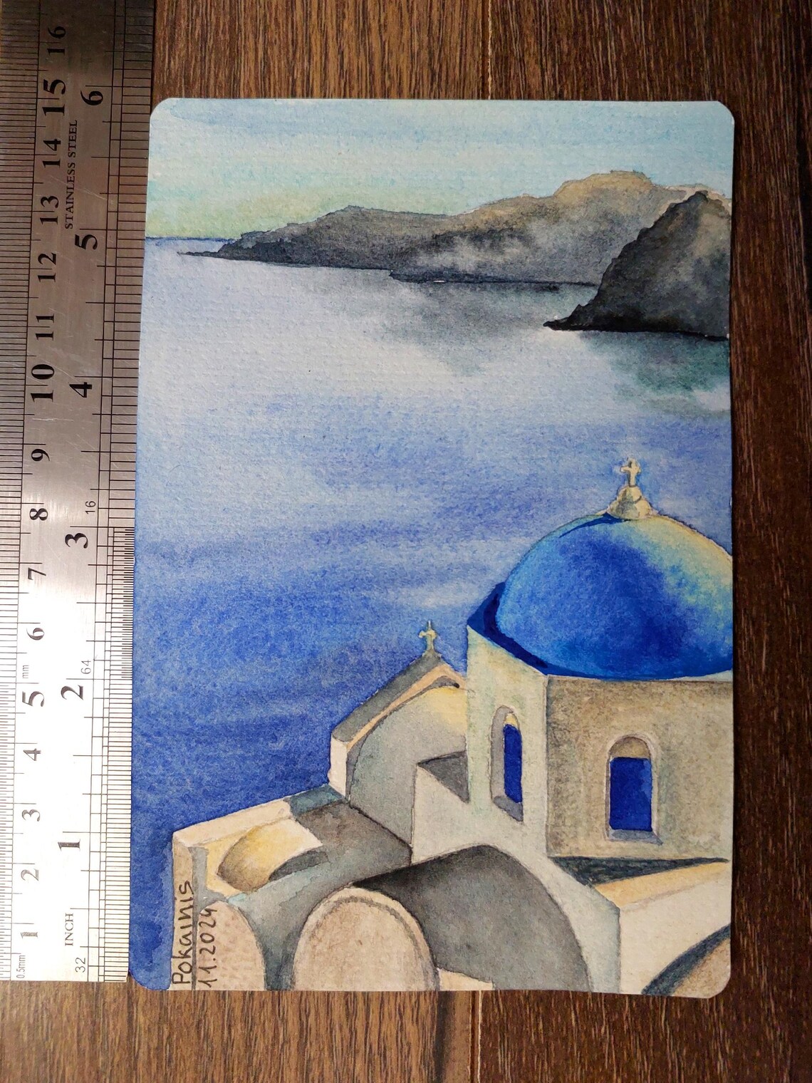 Santorini Blue Domed Church Over the Aegean Watercolor Poster - Image 2