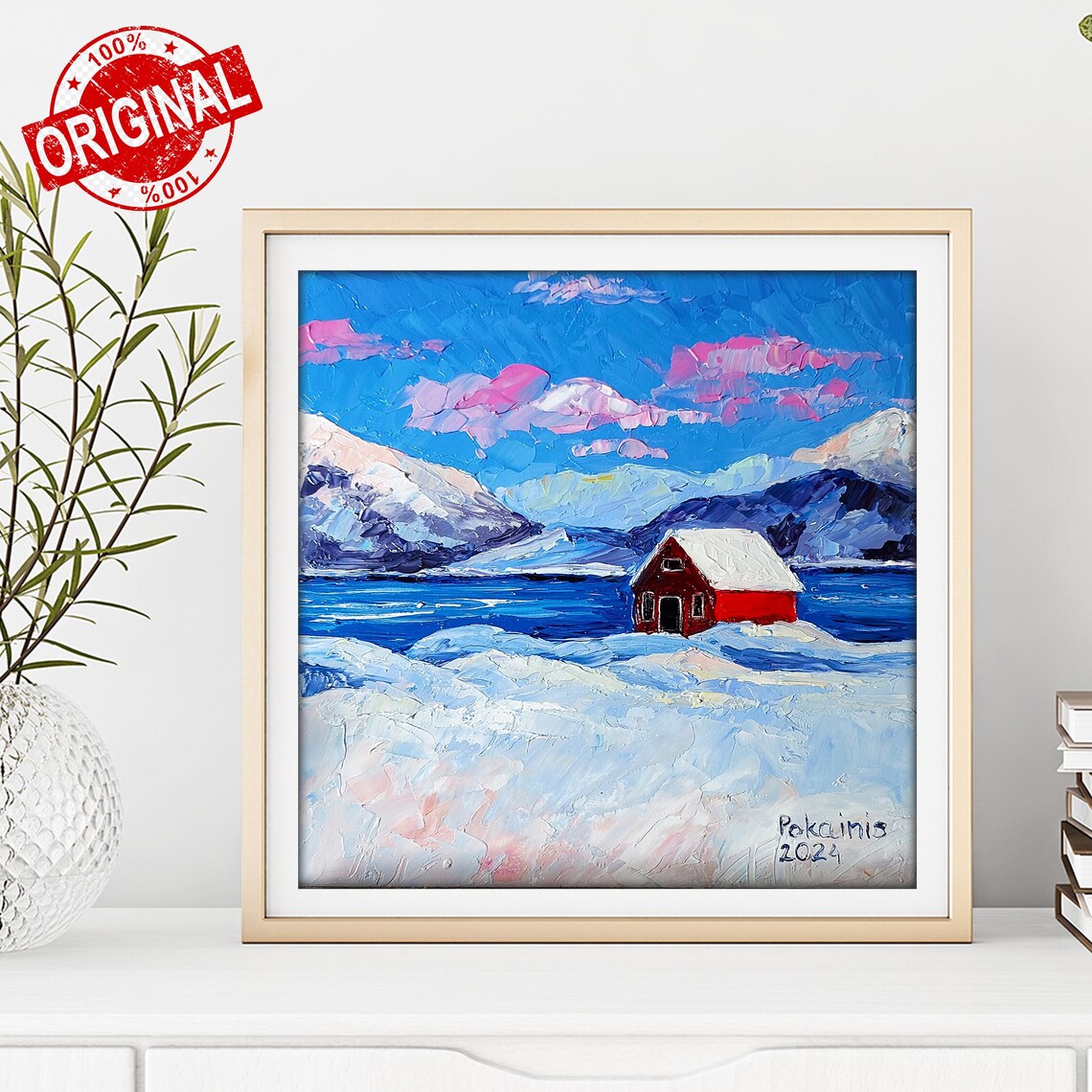 Red Cabin Winter Landscape Impasto Oil Painting Poster In Snow - Image 3