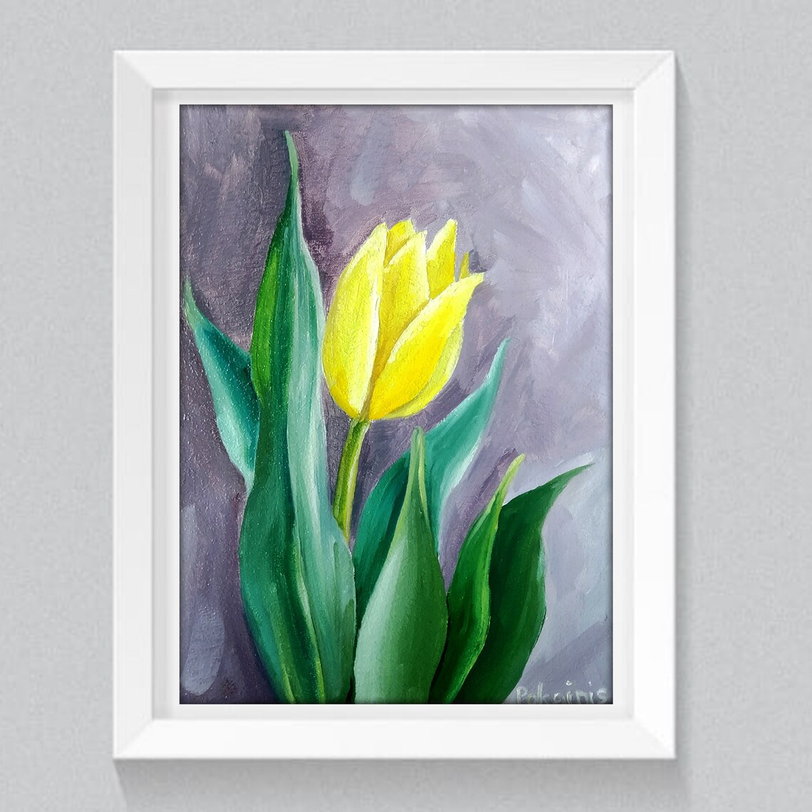 Single Yellow Tulip Bloom with Leaves Oil Painting Flower Poster - Image 2