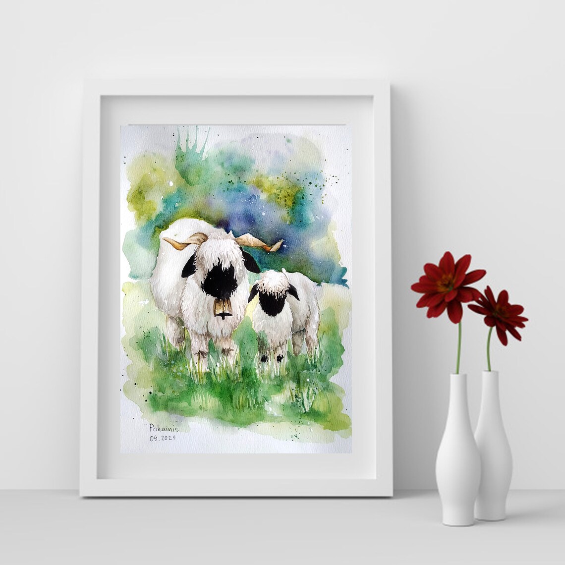 Black Faced Sheep and Her Woolly Lamb in Meadow Watercolor Poster - Image 4