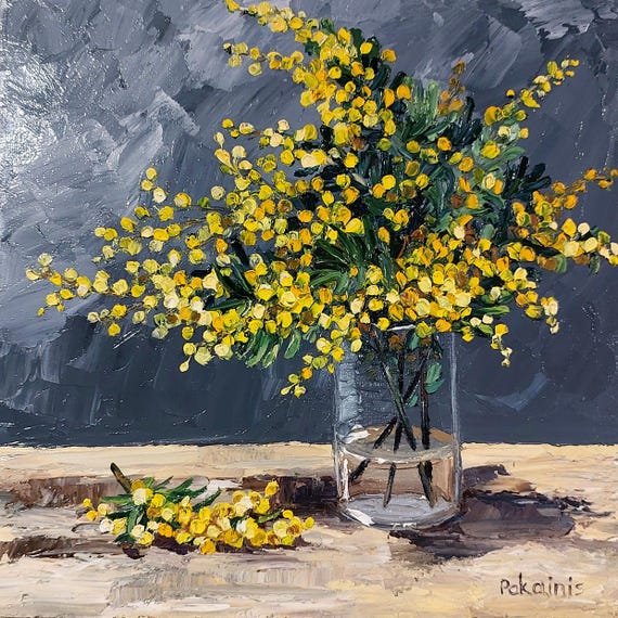 Mimosa Floral Still Life Oil Painting, Kitchen Art Print