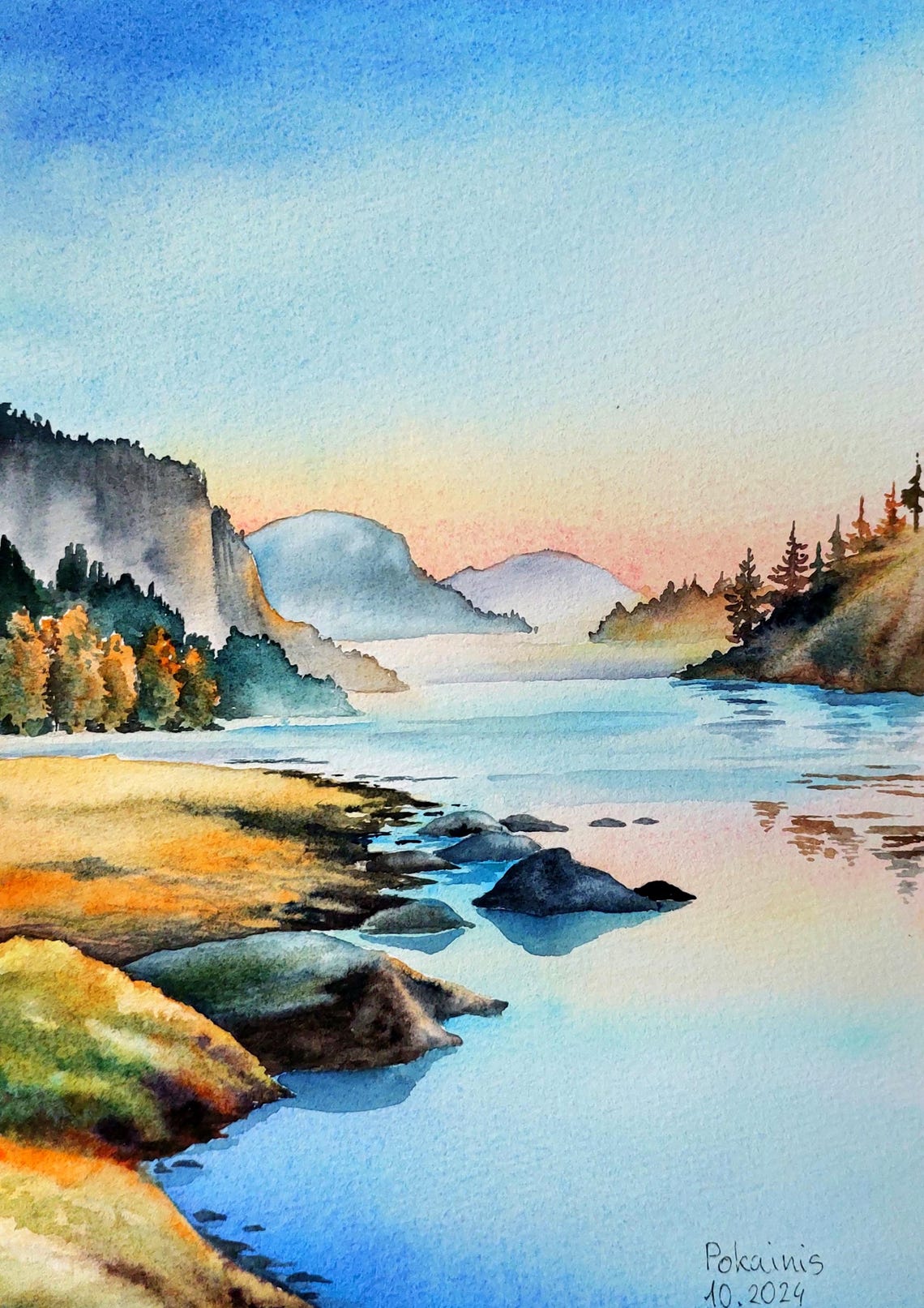 Original Watercolor Sunset Painting Quiet Dawn On A Mountain River Fine Art Landscape Wall Art Small Painting Misty Lake Sunset Artwork